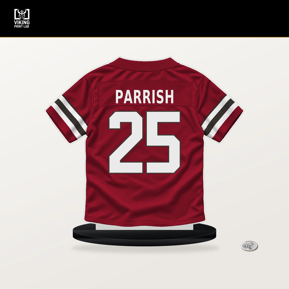 Jacob Parrish number 25 Tampa Bay Buccaneers jersey stand with included black base.