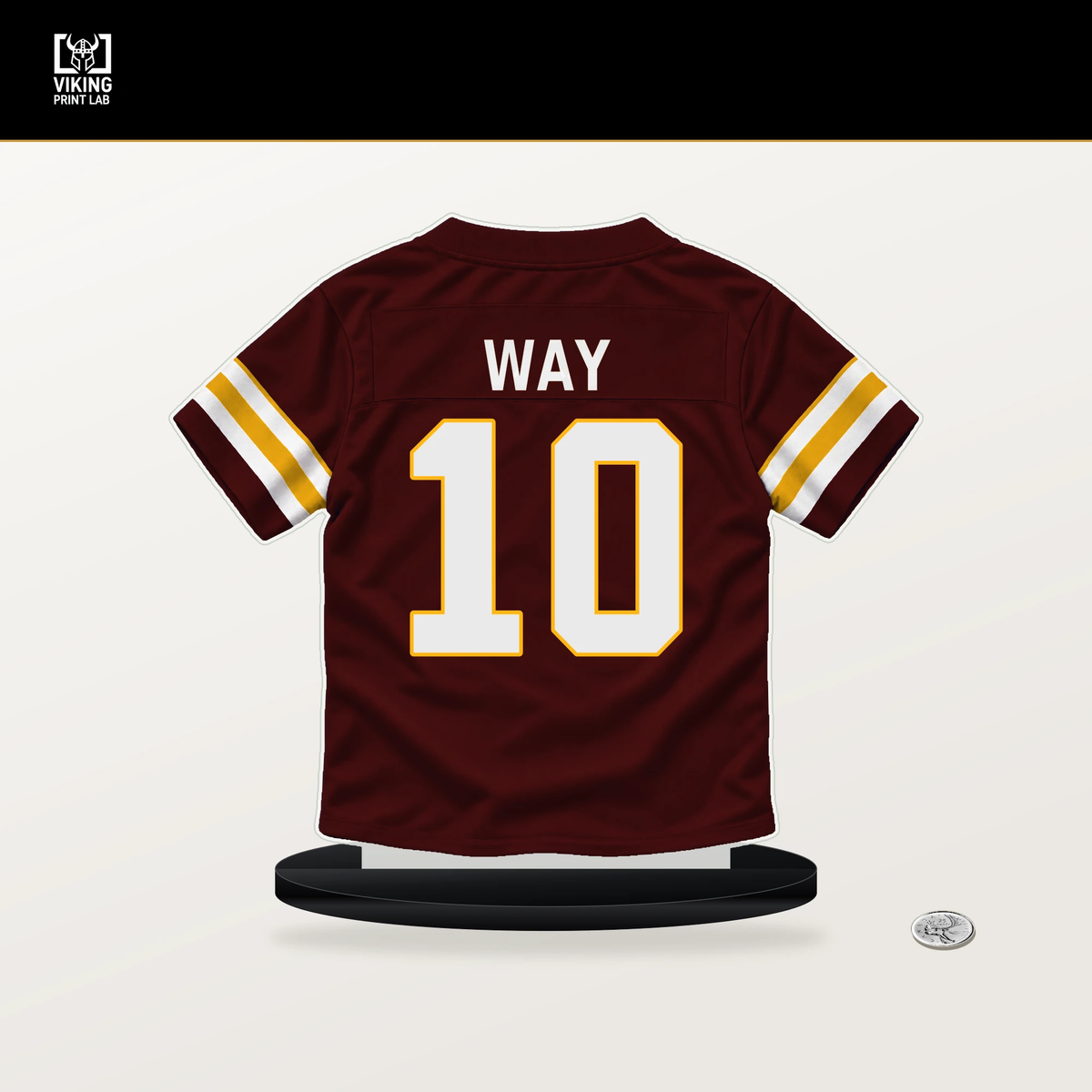 Tress Way number 10 Washington Commanders jersey stand with included black base.