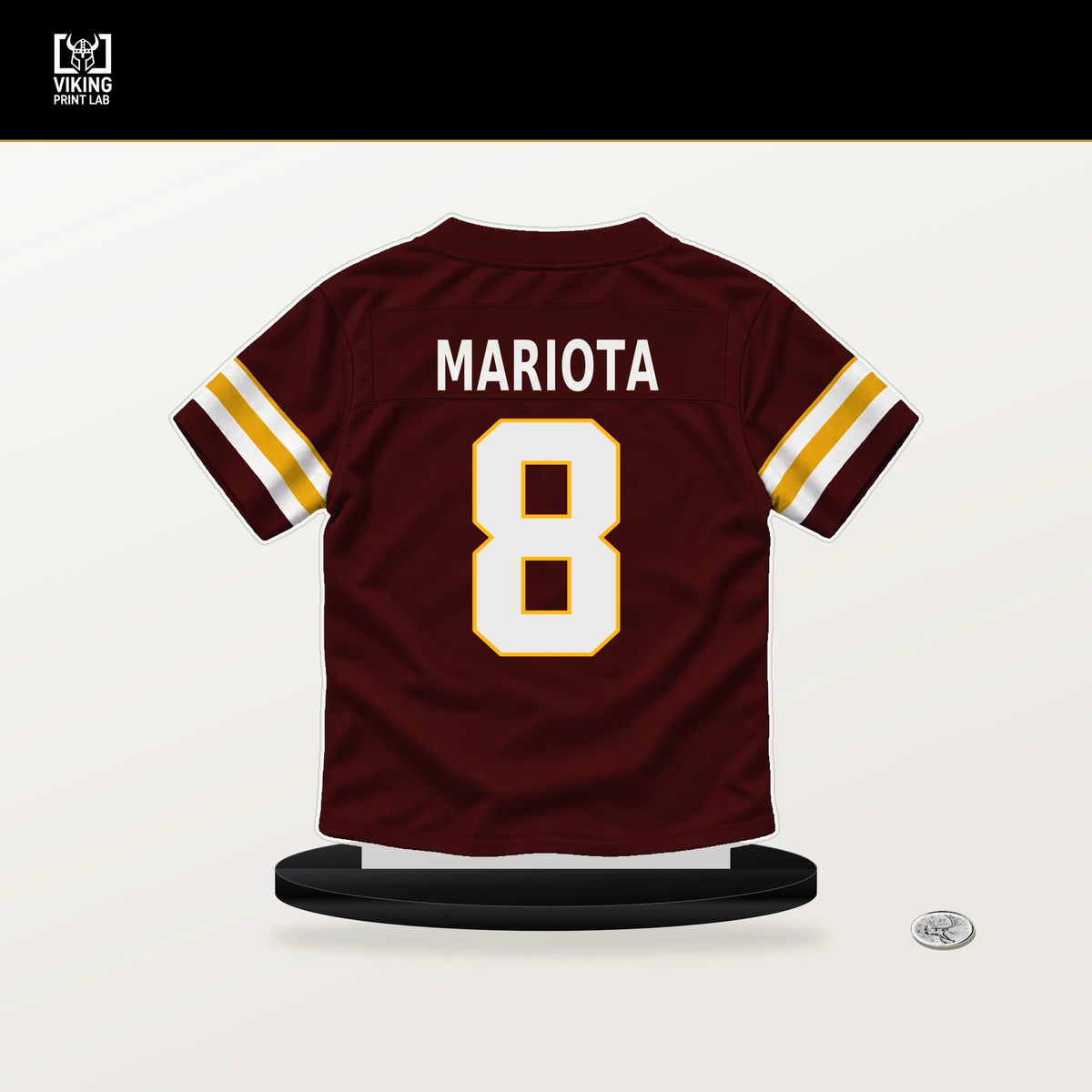 Marcus Mariota number 8 Washington Commanders jersey stand with included black base.