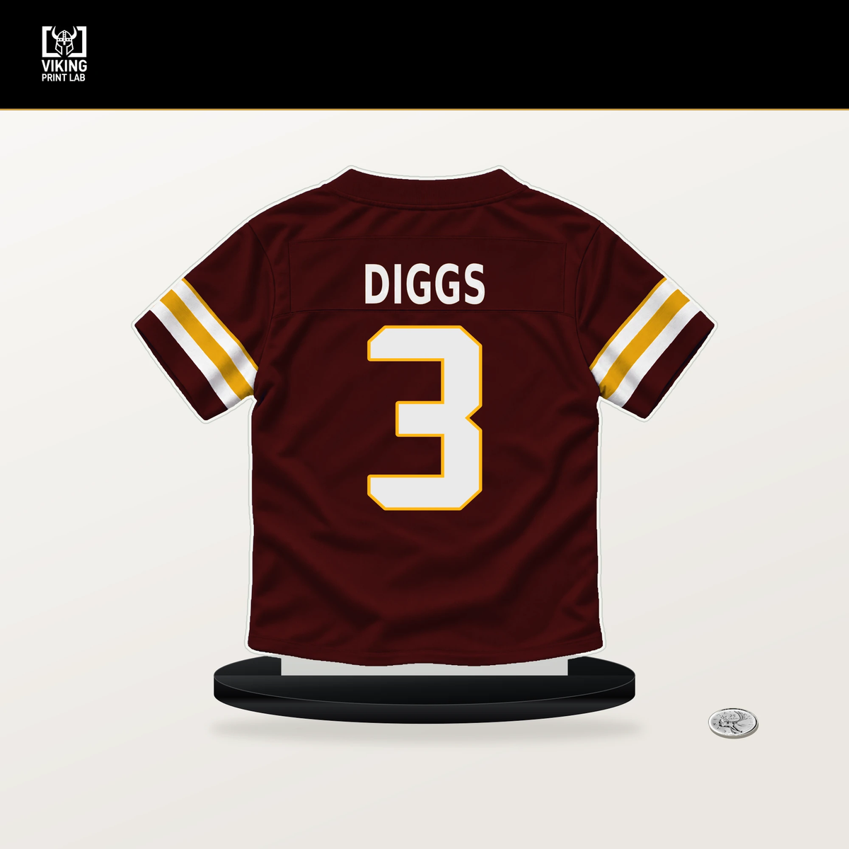 Stefon Diggs number 3 Washington Commanders jersey stand with included black base.