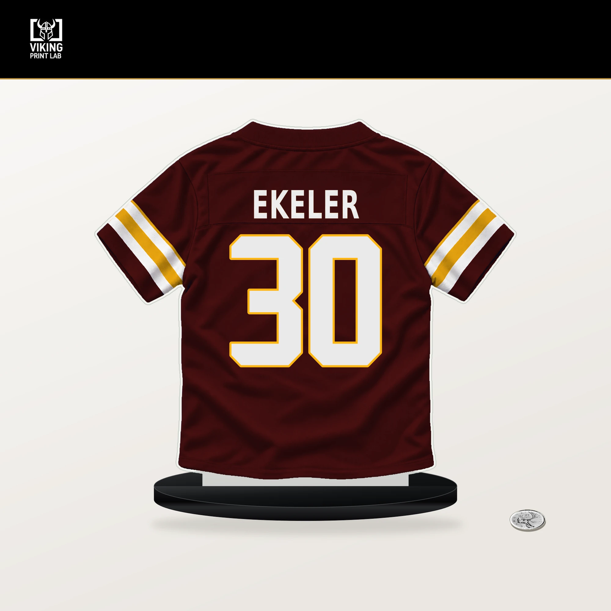 Austin Ekeler number 30 Washington Commanders jersey stand with included black base.