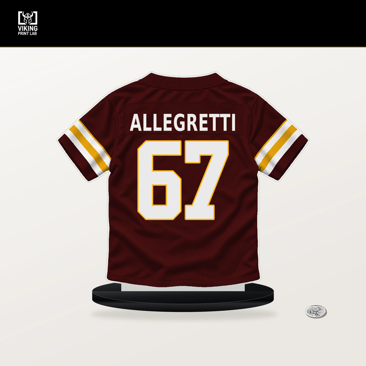 Nick Allegretti number 67 Washington Commanders jersey stand with included black base.