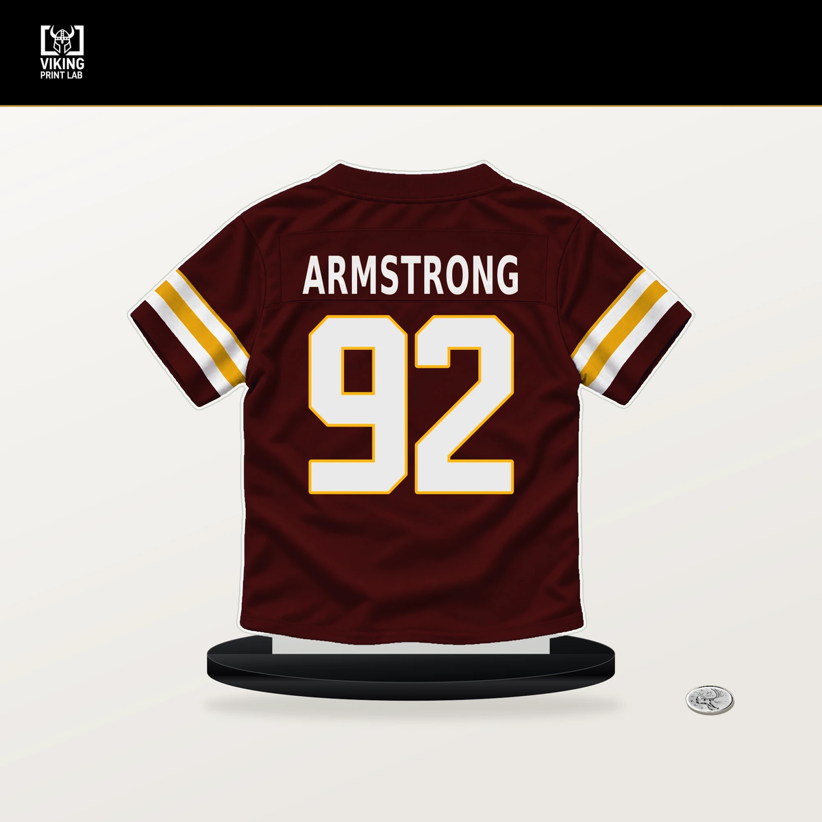 Dorance Armstrong number 92 Washington Commanders jersey stand with included black base.