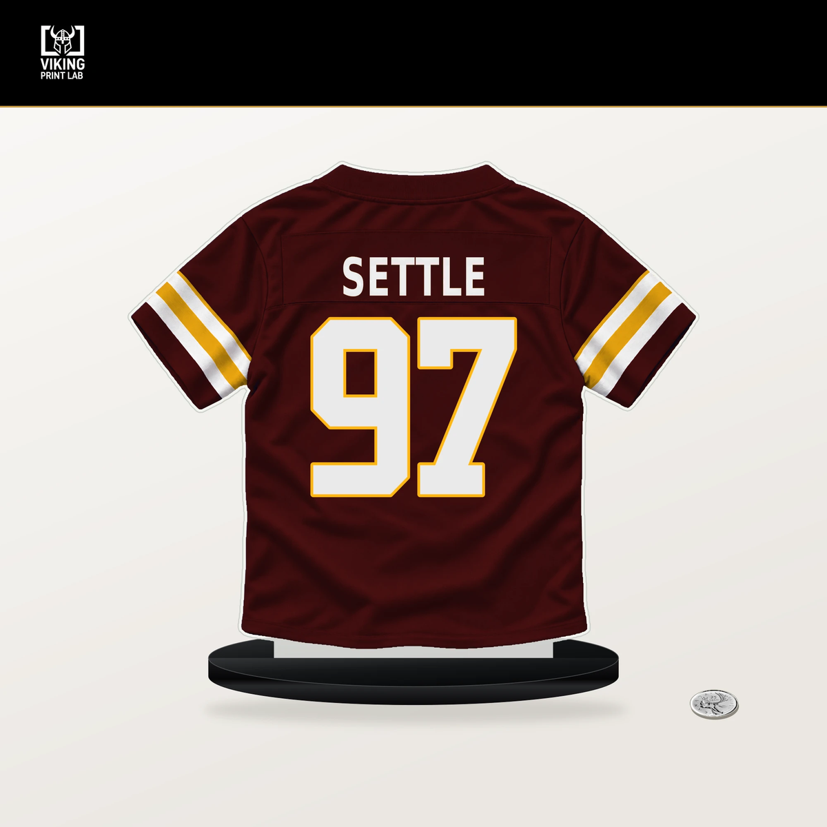 Tim Settle number 97 Washington Commanders jersey stand with included black base.