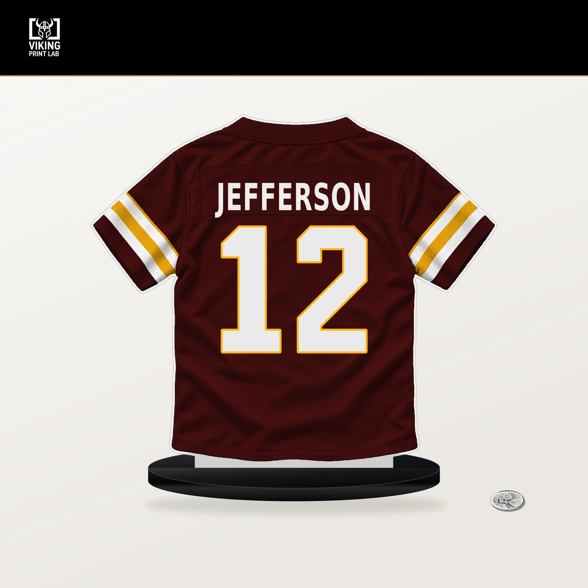 Van Jefferson number 12 Washington Commanders jersey stand with included black base.