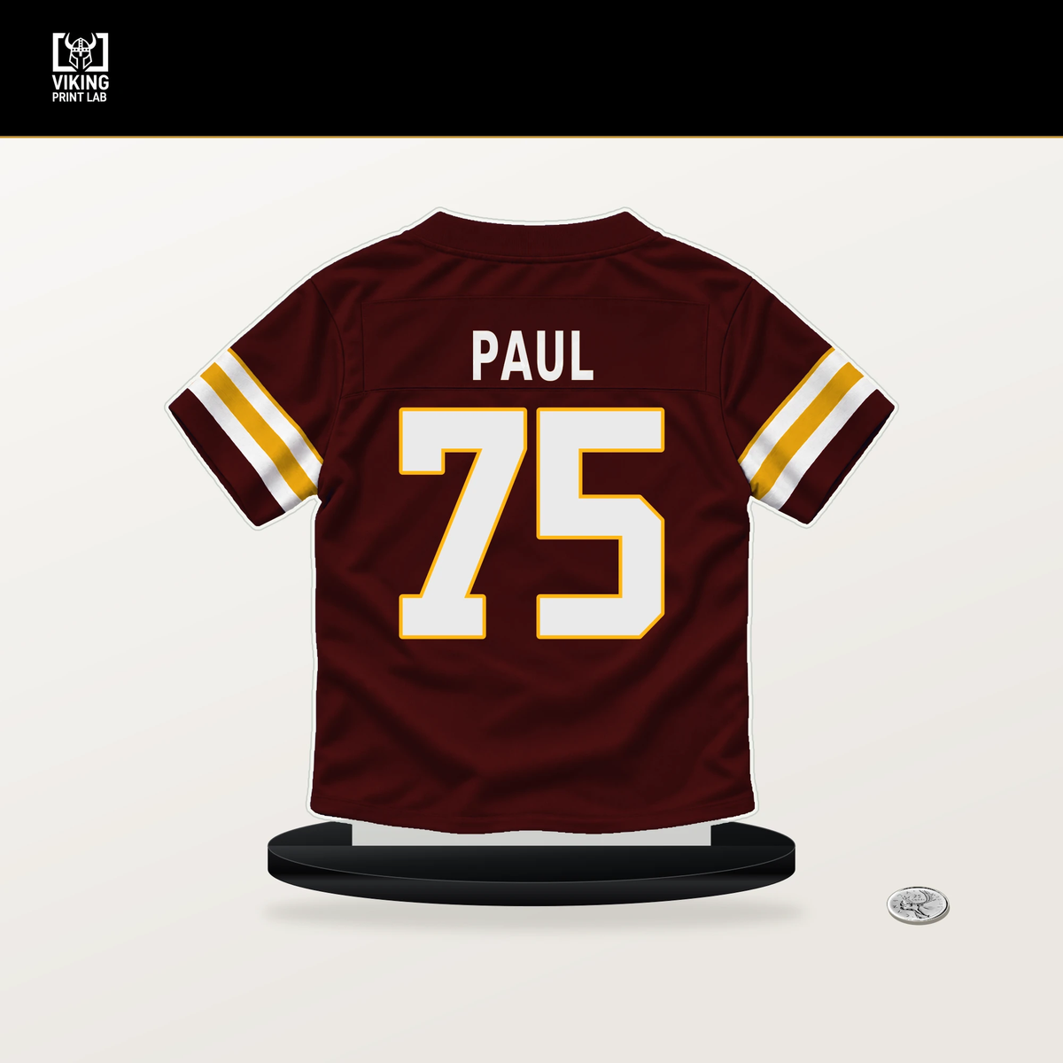 Chris Paul number 75 Washington Commanders jersey stand with included black base.