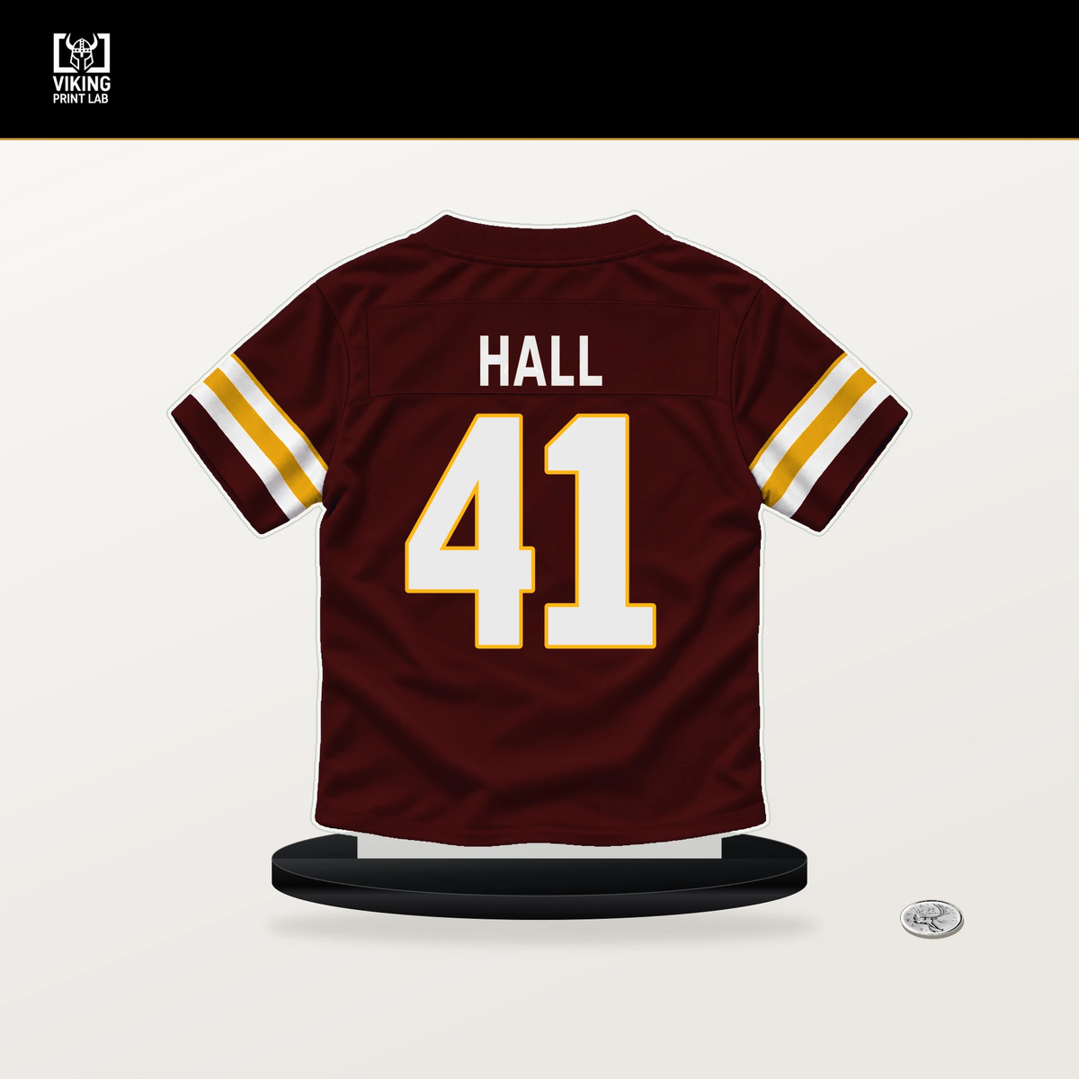 Darren Hall number 41 Washington Commanders jersey stand with included black base.
