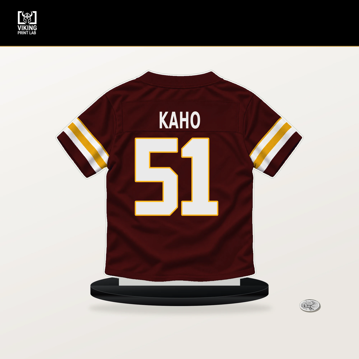 Ale Kaho number 51 Washington Commanders jersey stand with included black base.