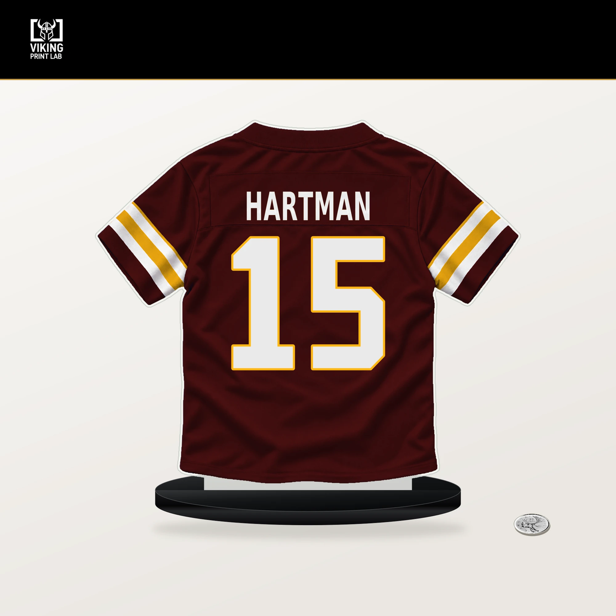 Sam Hartman number 15 Washington Commanders jersey stand with included black base.