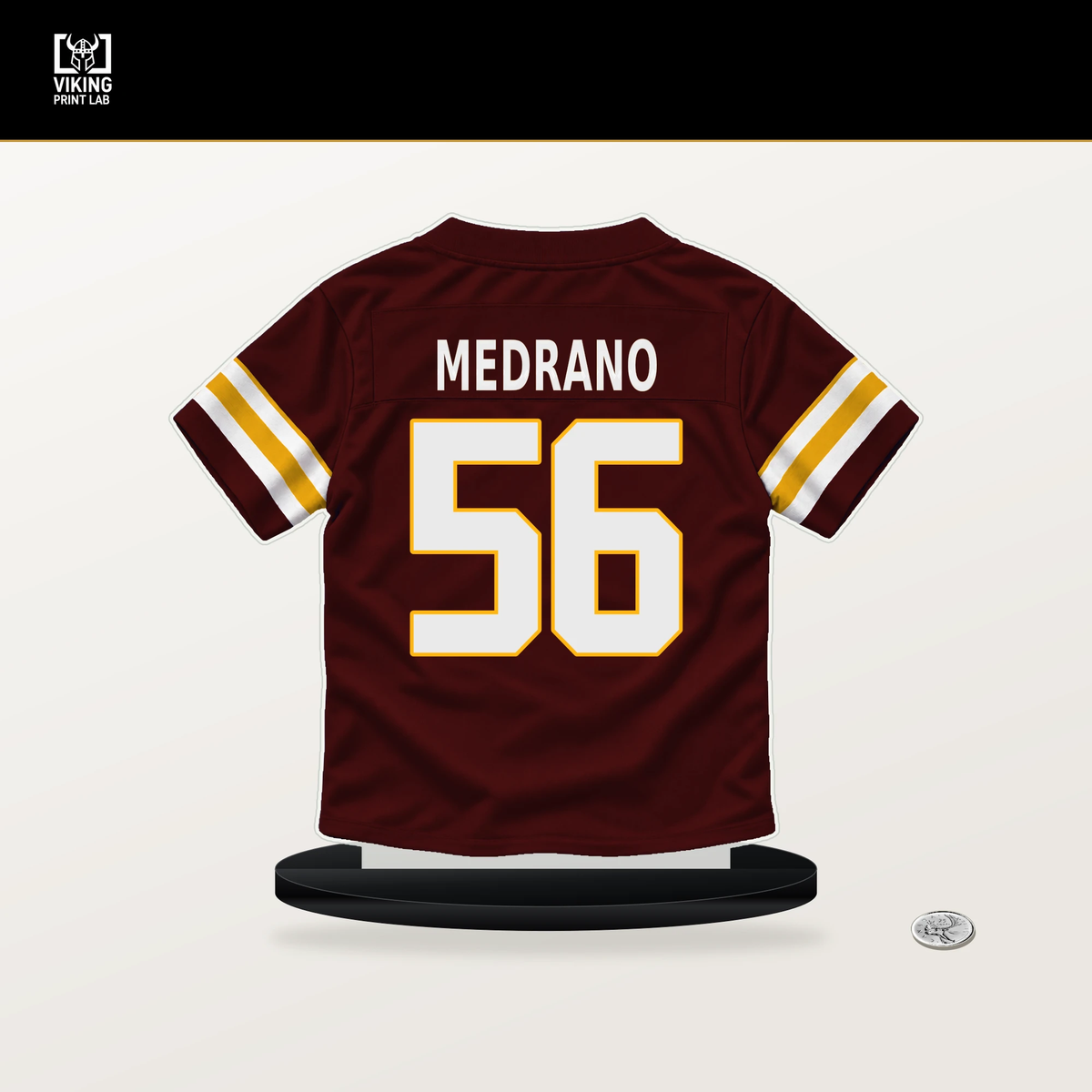 Kain Medrano number 56 Washington Commanders jersey stand with included black base.
