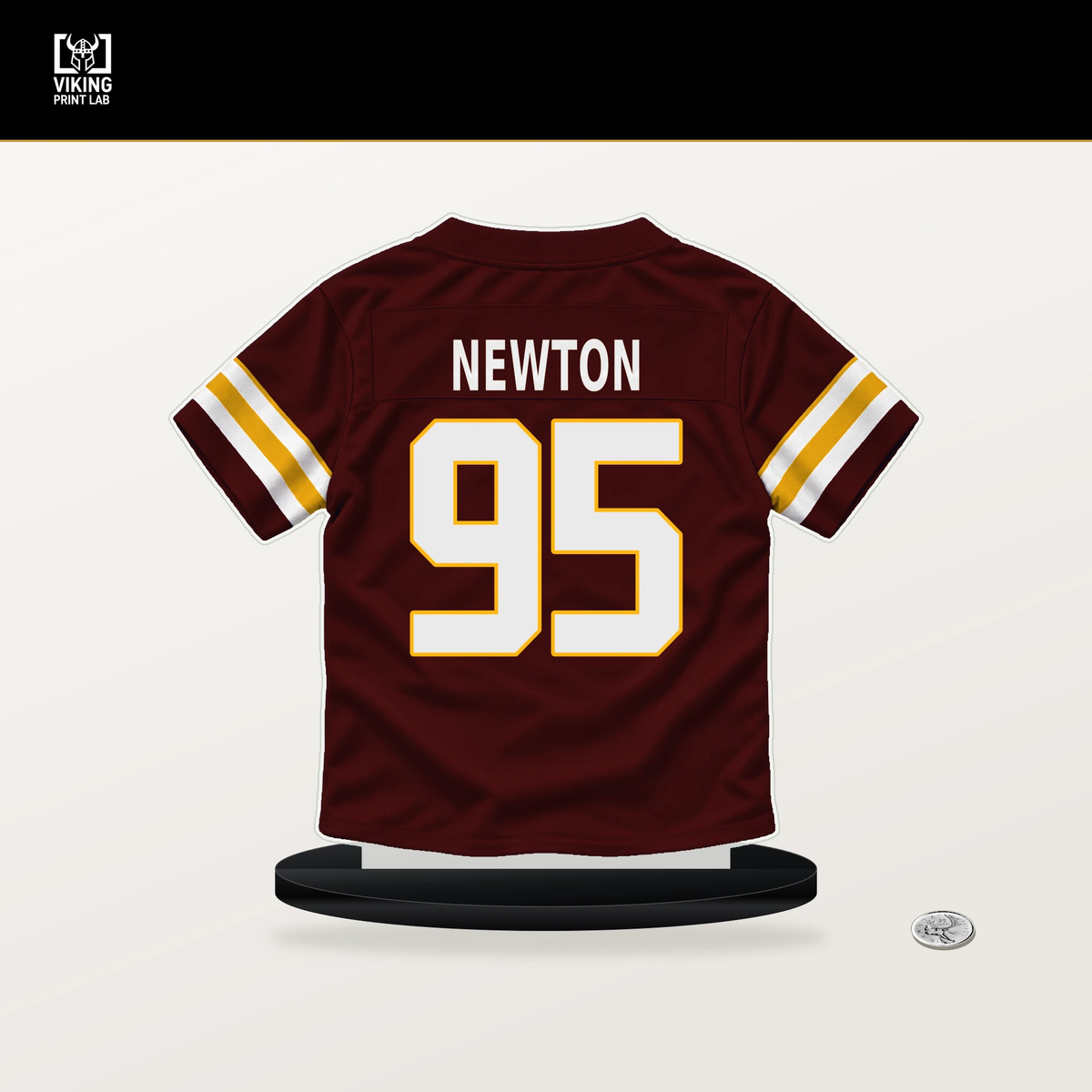 Jer'Zhan Newton number 95 Washington Commanders jersey stand with included black base.