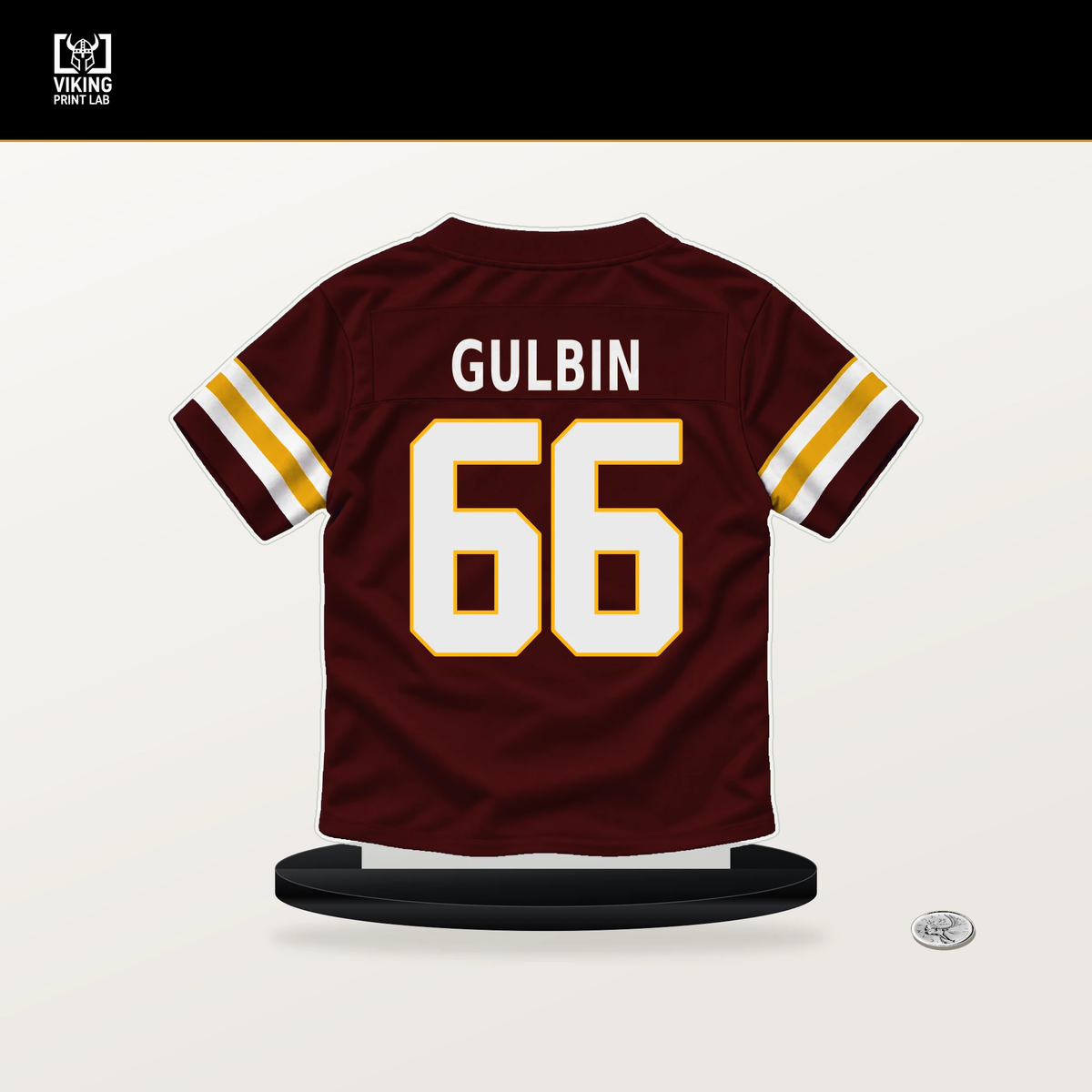 Matt Gulbin number 66 Washington Commanders jersey stand with included black base.