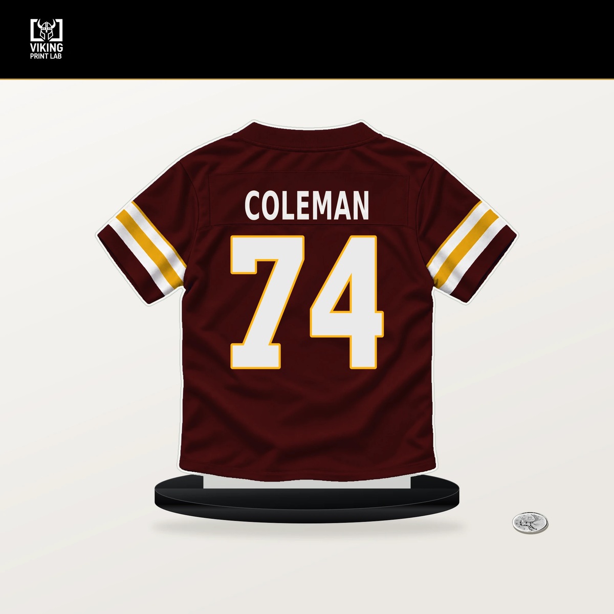 Brandon Coleman number 74 Washington Commanders jersey stand with included black base.