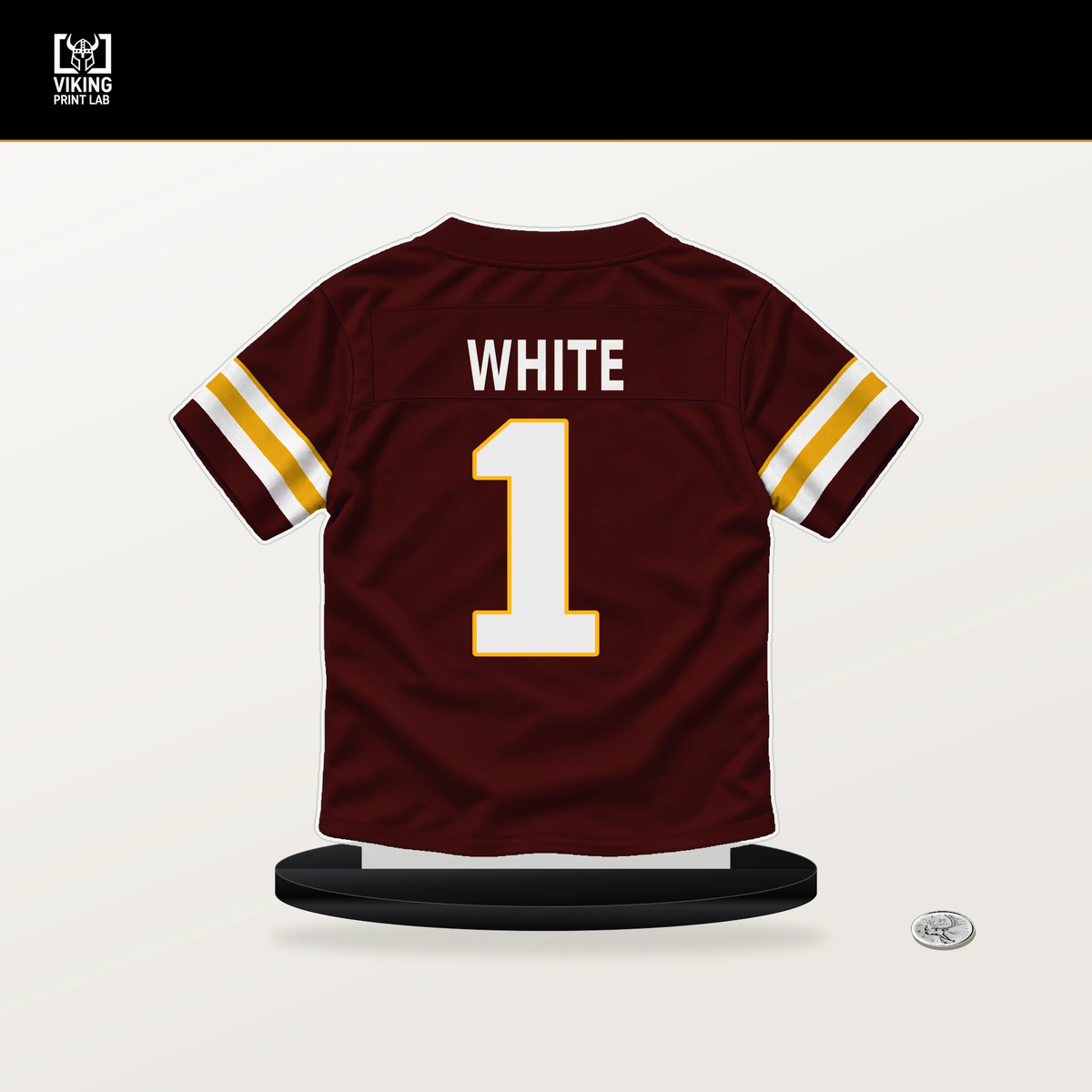 Rachaad White number 1 Washington Commanders jersey stand with included black base.