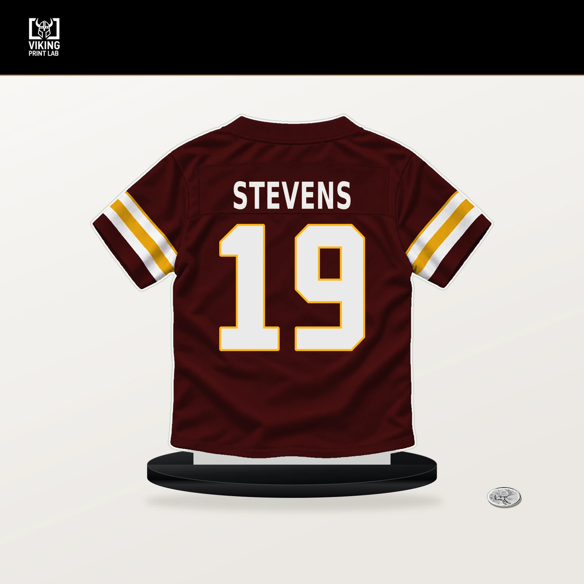 Drew Stevens number 19 Washington Commanders jersey stand with included black base.
