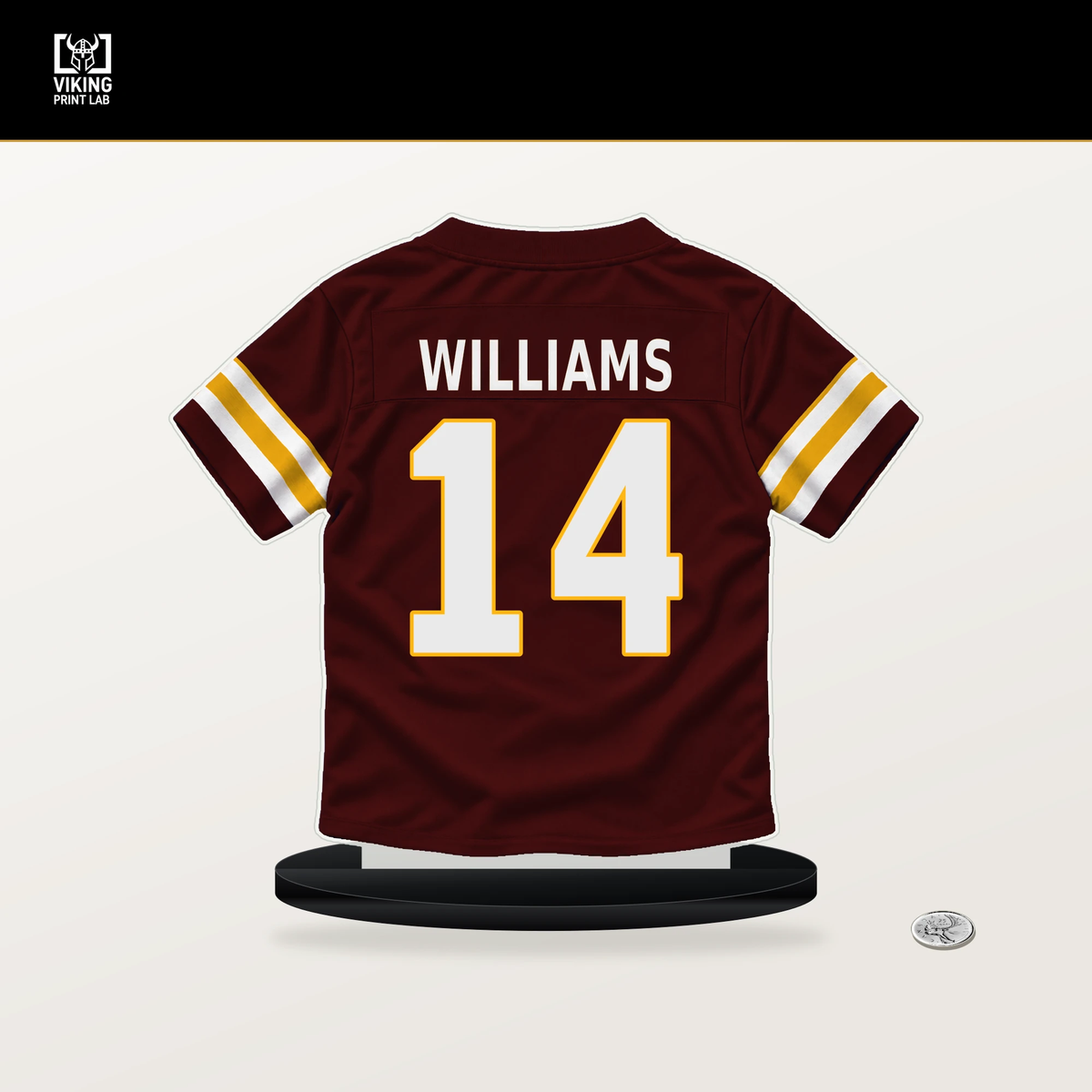 Antonio Williams number 14 Washington Commanders jersey stand with included black base.