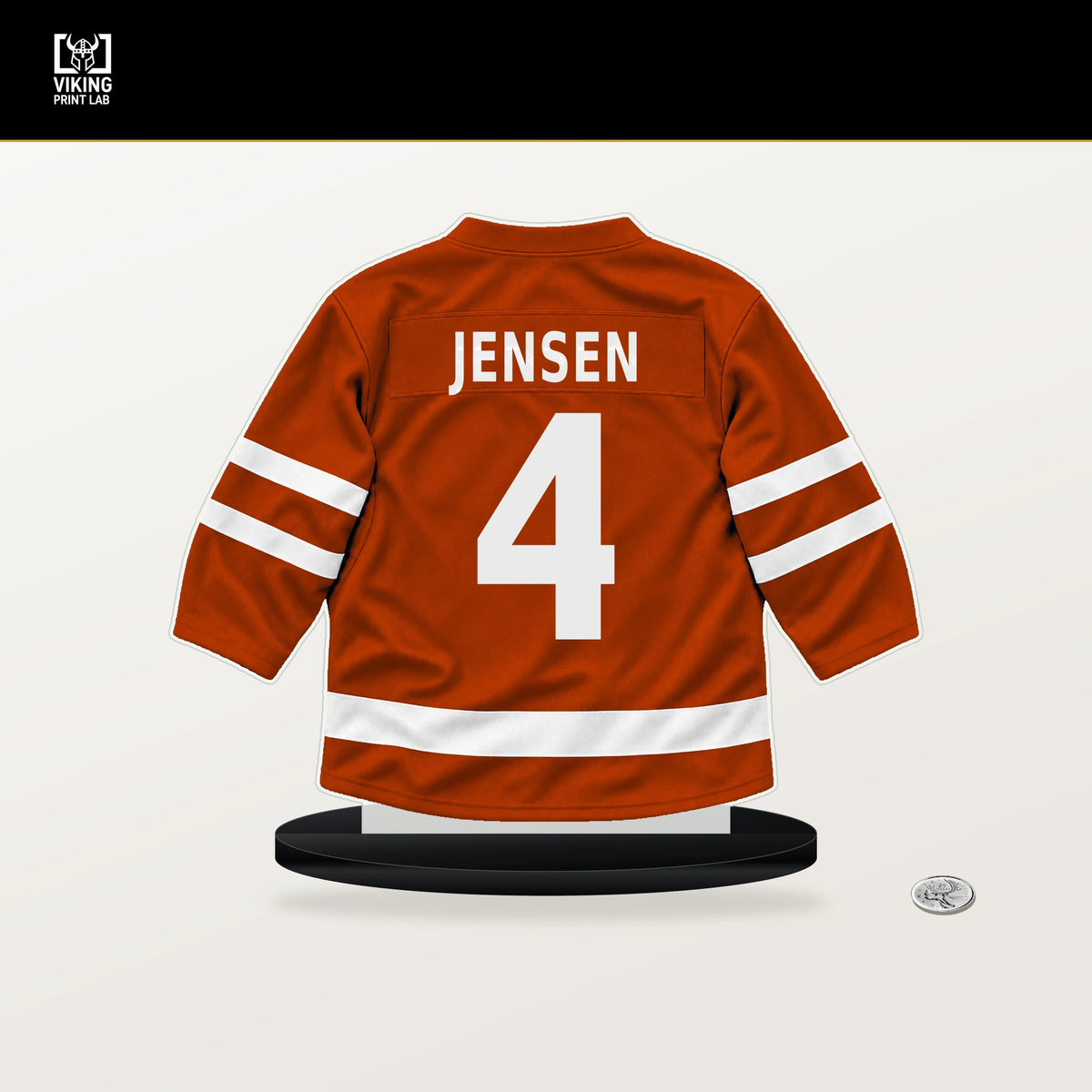 Nick Jensen number 4 Anaheim Ducks jersey stand with included black base.