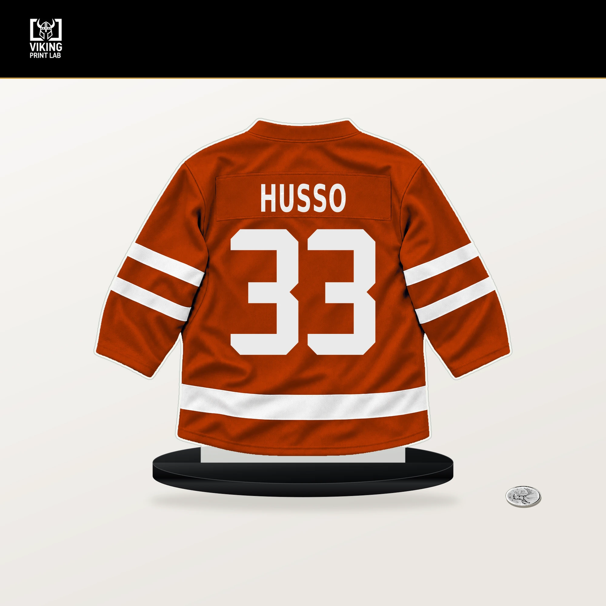 Ville Husso number 33 Anaheim Ducks jersey stand with included black base.