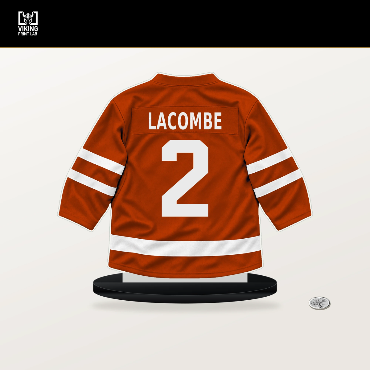 Jackson LaCombe number 2 Anaheim Ducks jersey stand with included black base.