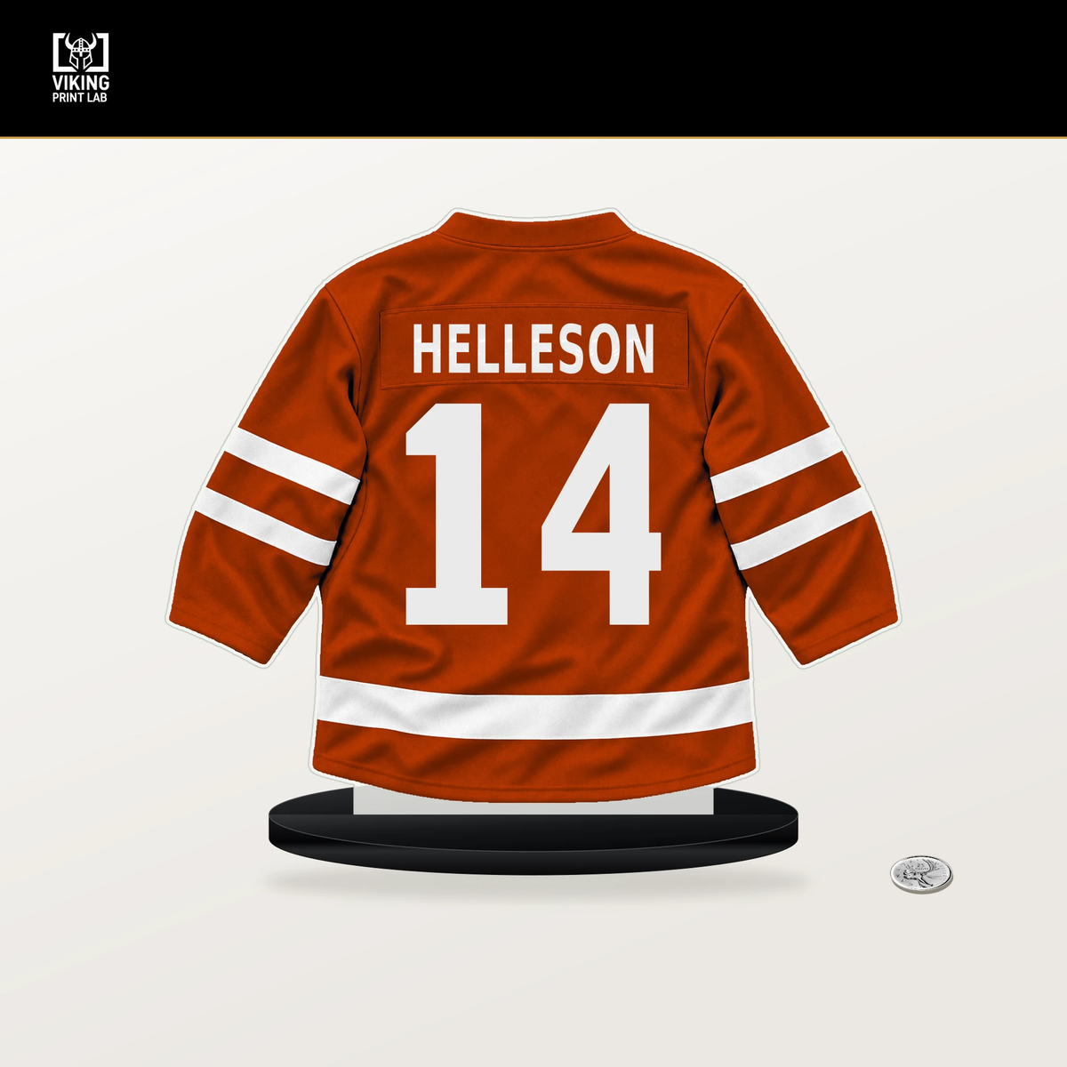 Drew Helleson number 14 Anaheim Ducks jersey stand with included black base.