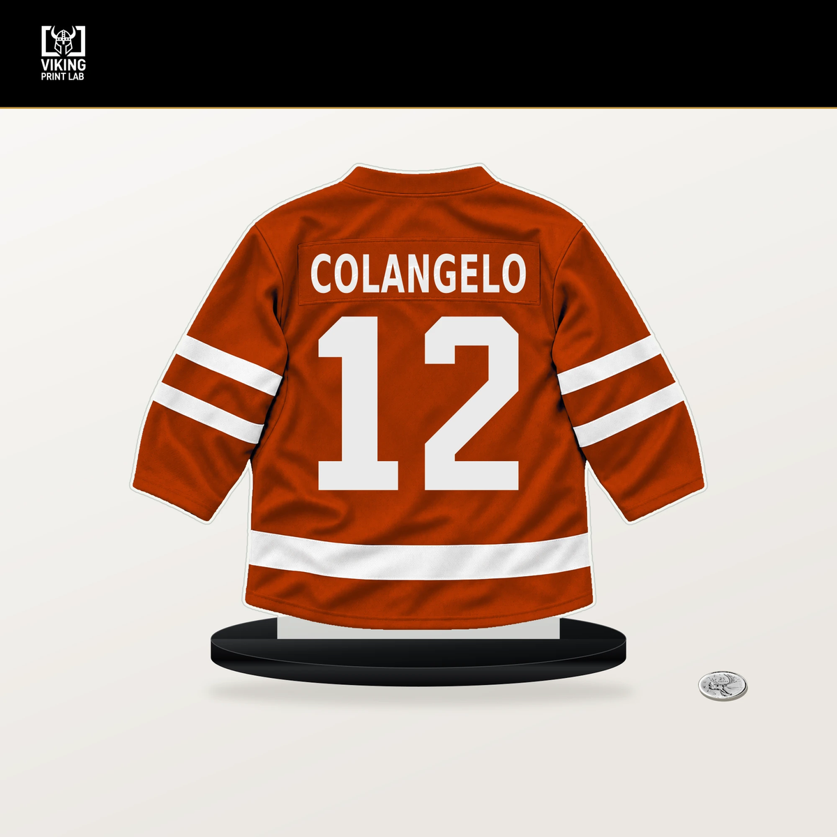 Sam Colangelo number 12 Anaheim Ducks jersey stand with included black base.