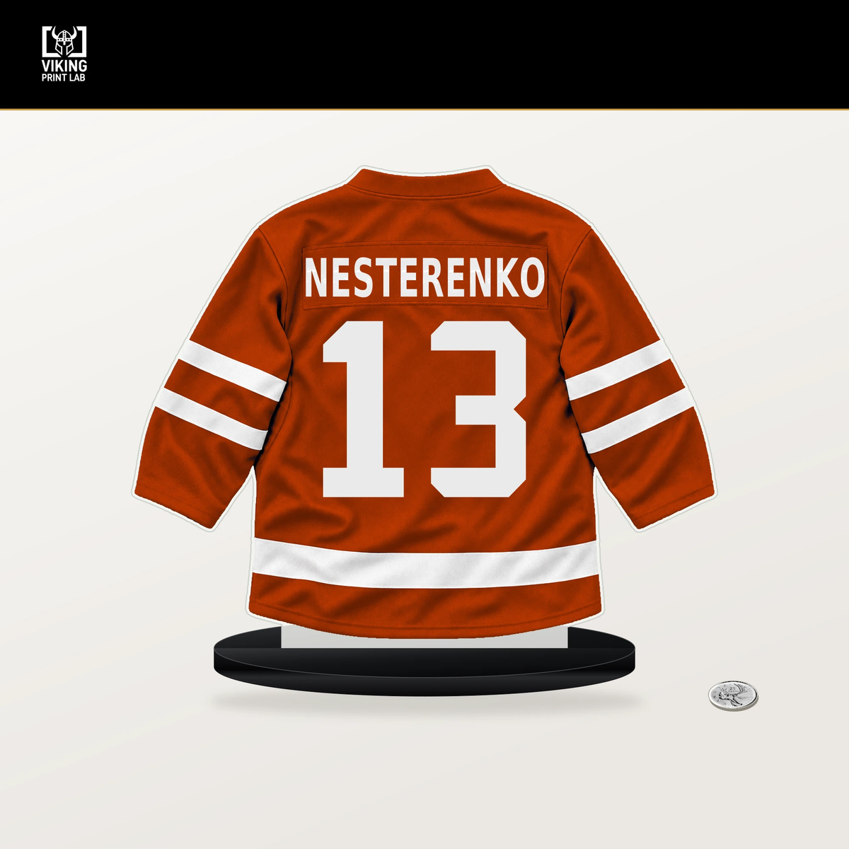 Nikita Nesterenko number 13 Anaheim Ducks jersey stand with included black base.