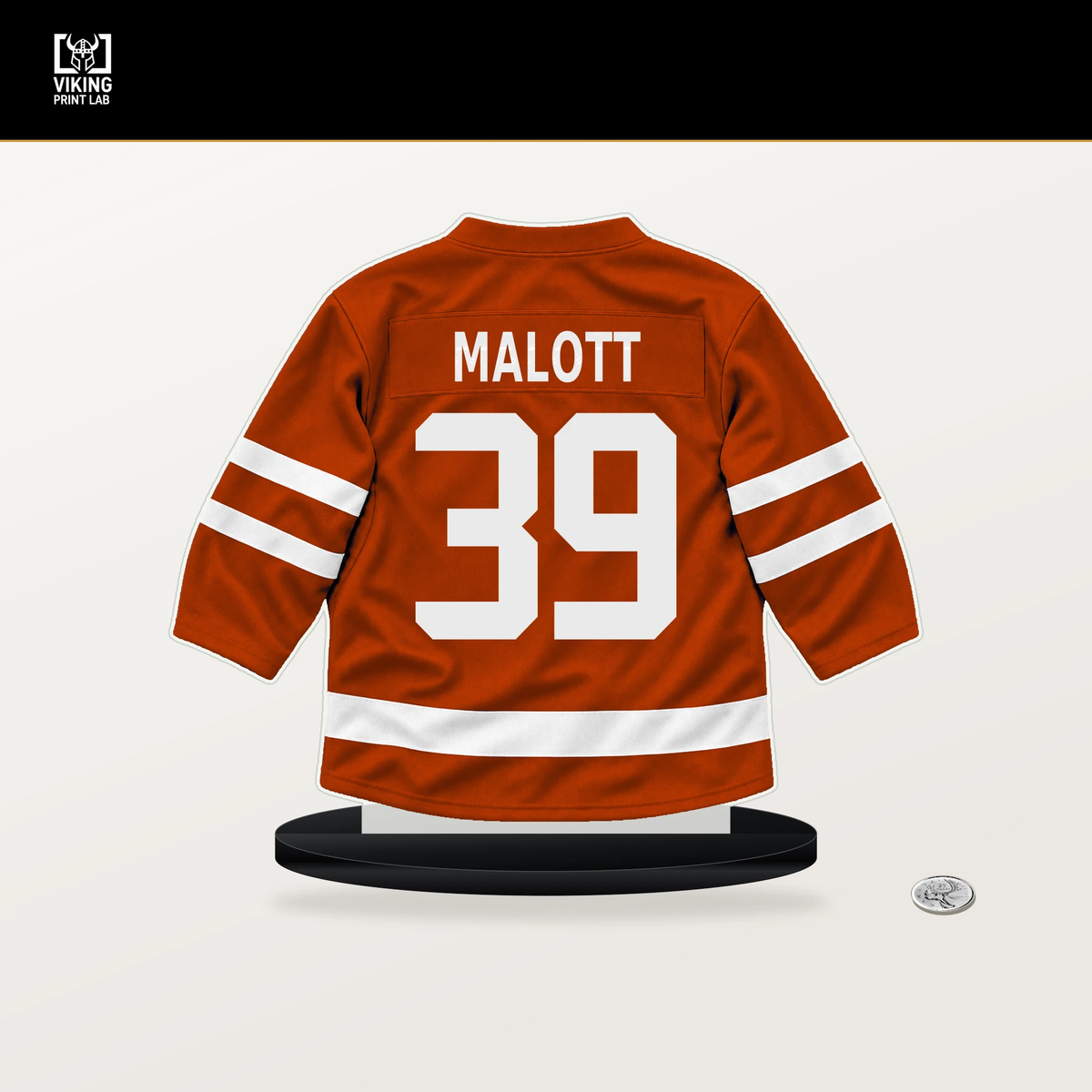 Jeff Malott number 39 Anaheim Ducks jersey stand with included black base.