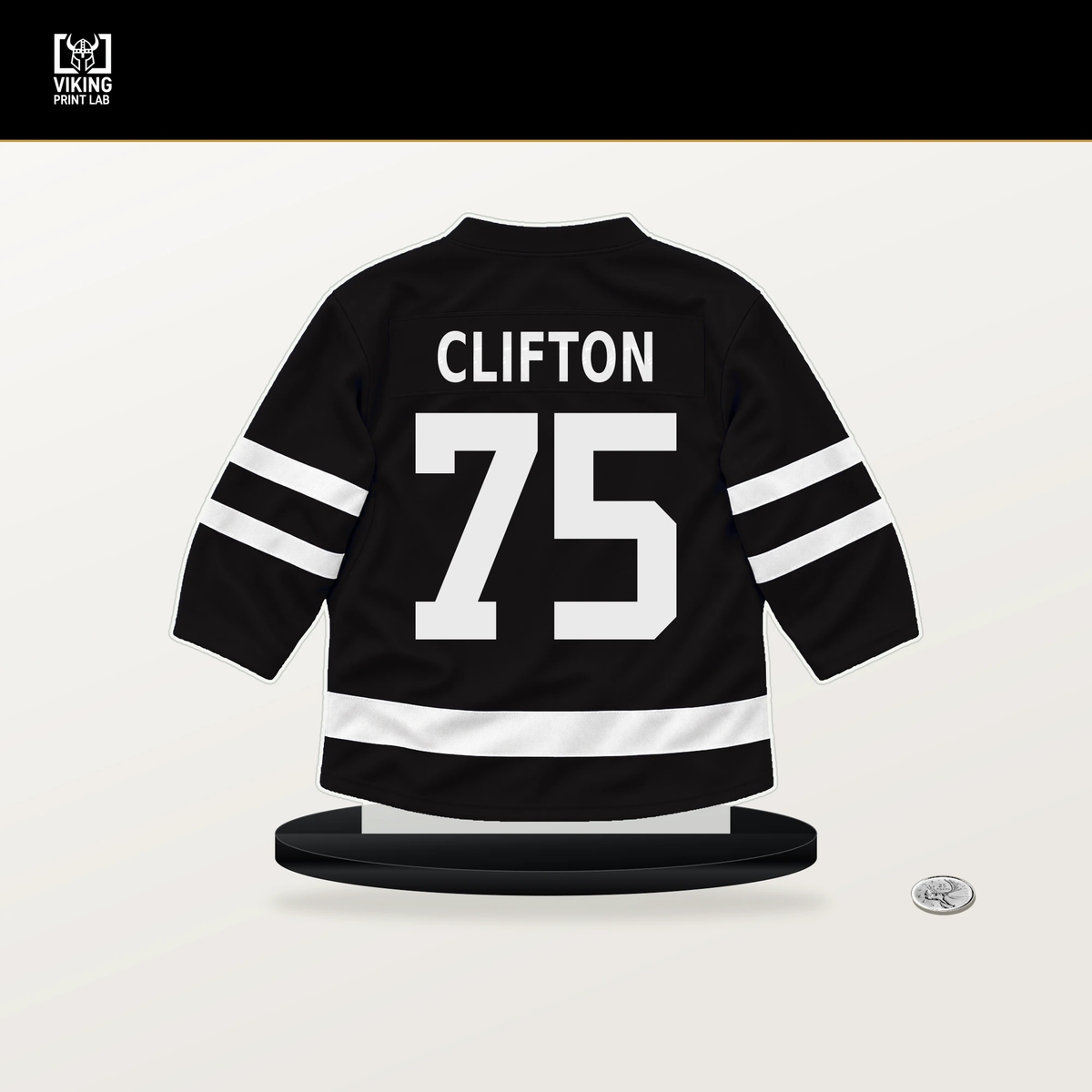 Connor Clifton number 75 Boston Bruins jersey stand with included black base.