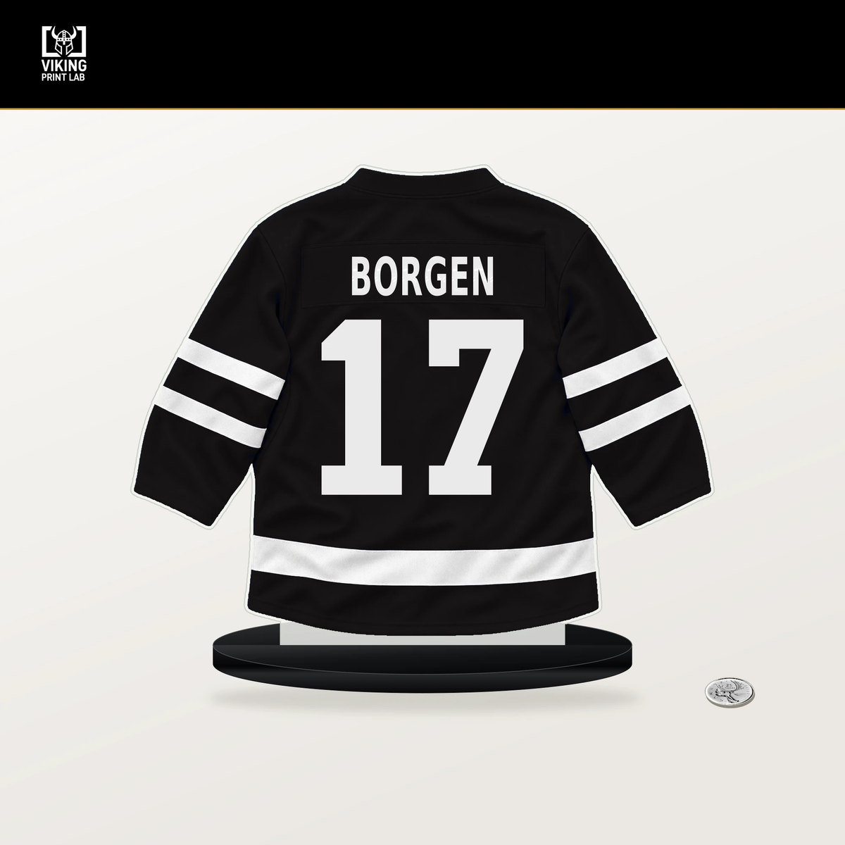 Will Borgen number 17 Boston Bruins jersey stand with included black base.
