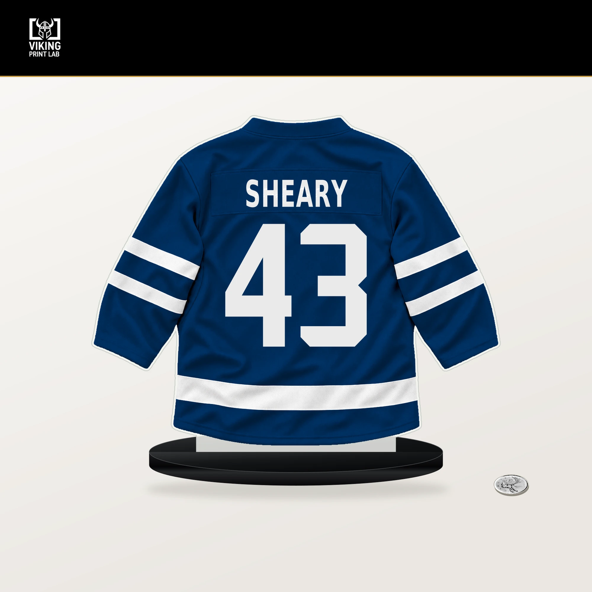 Conor Sheary number 43 Buffalo Sabres jersey stand with included black base.