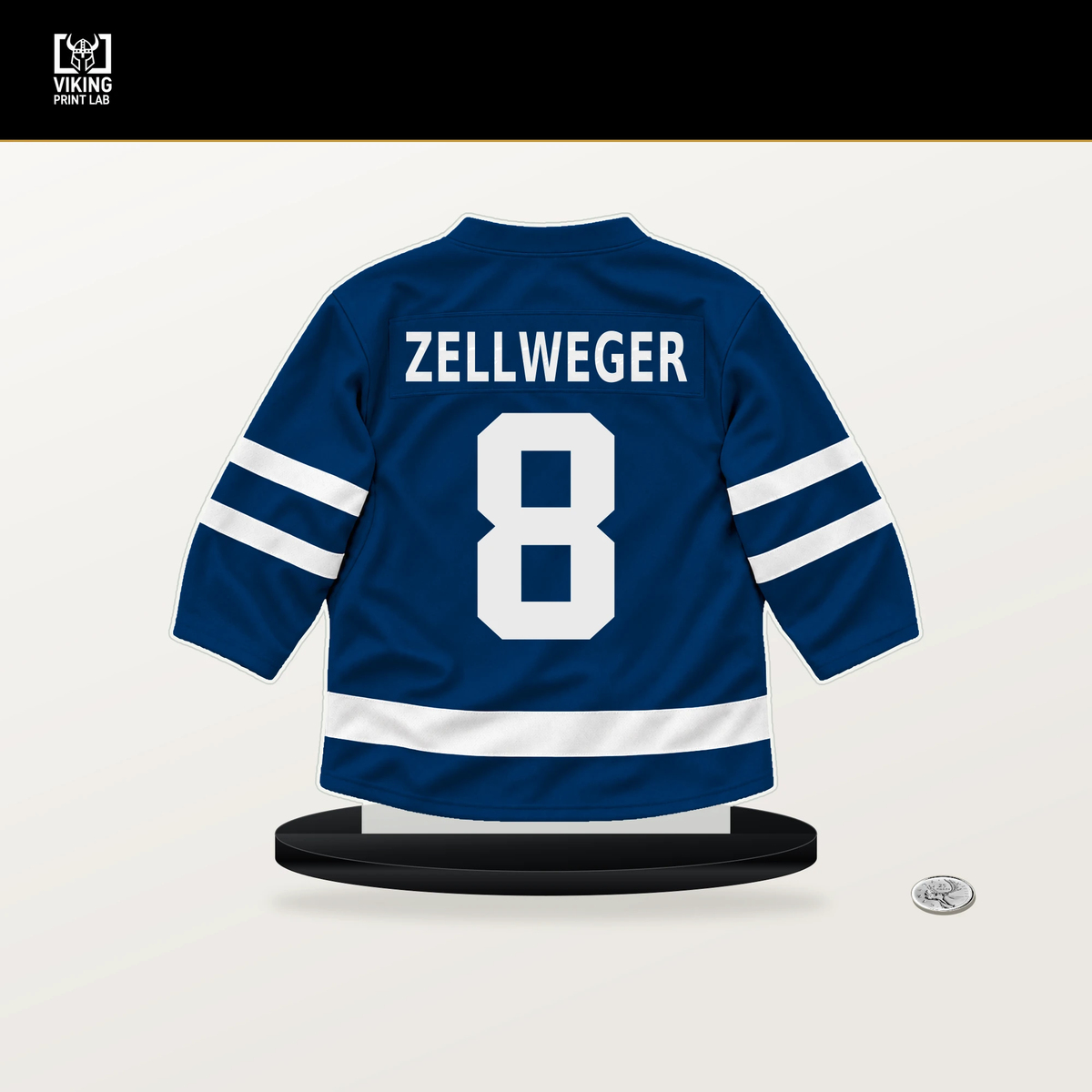 Olen Zellweger number 8 Buffalo Sabres jersey stand with included black base.