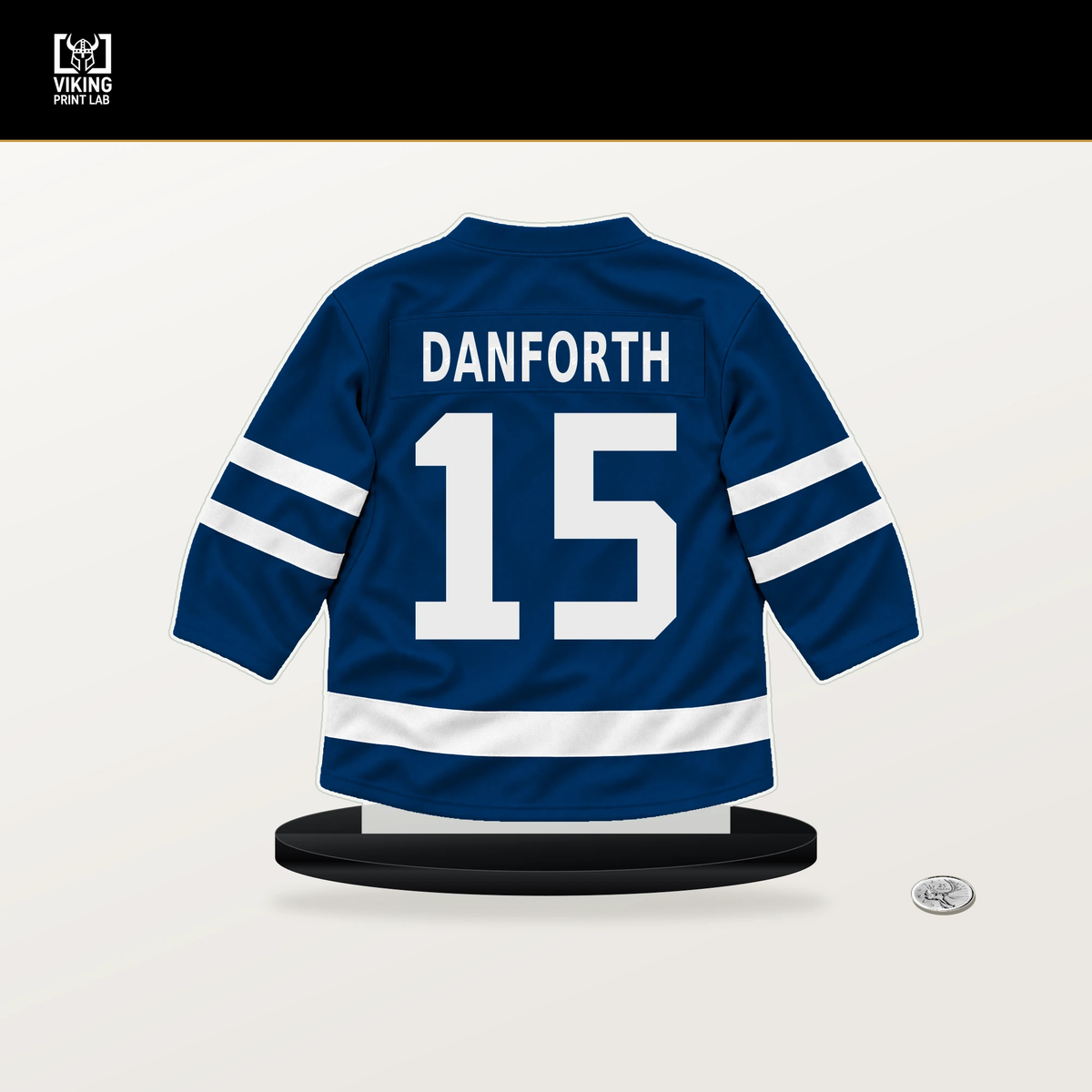 Justin Danforth number 15 Buffalo Sabres jersey stand with included black base.