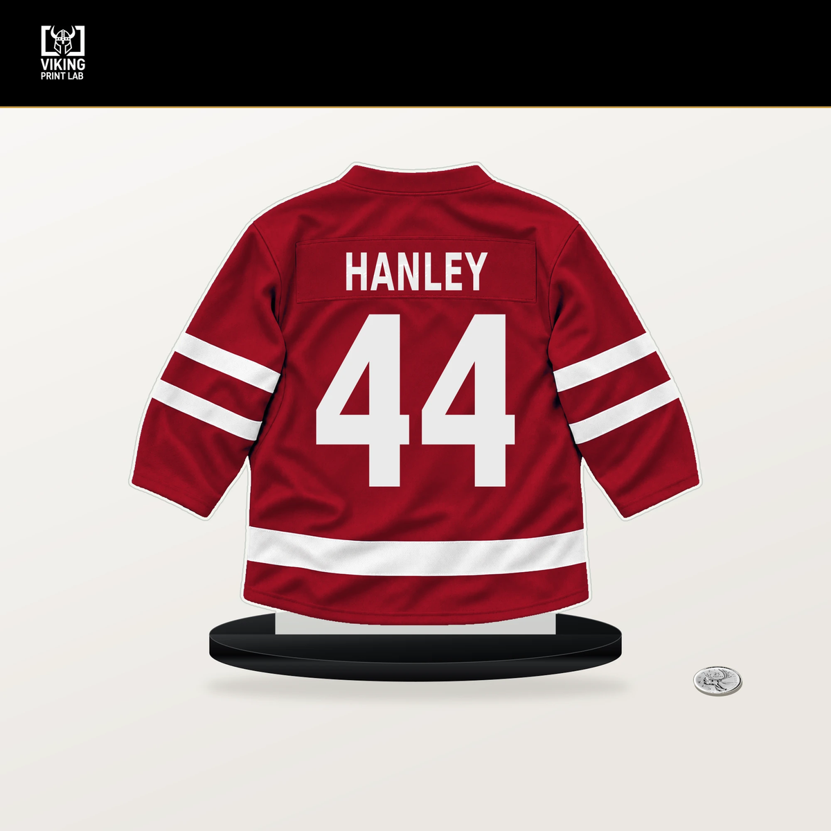 Joel Hanley number 44 Calgary Flames jersey stand with included black base.