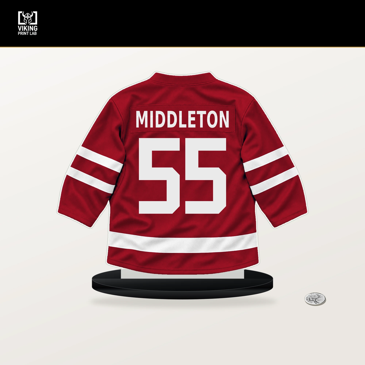Jake Middleton number 55 Calgary Flames jersey stand with included black base.
