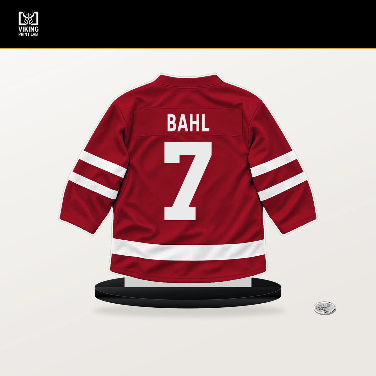 Kevin Bahl number 7 Calgary Flames jersey stand with included black base.
