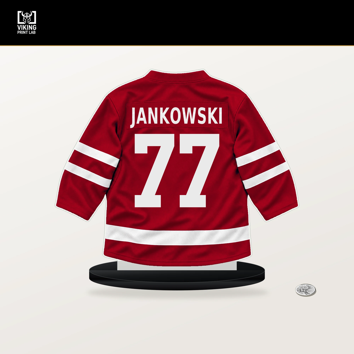 Mark Jankowski number 77 Carolina Hurricanes jersey stand with included black base.