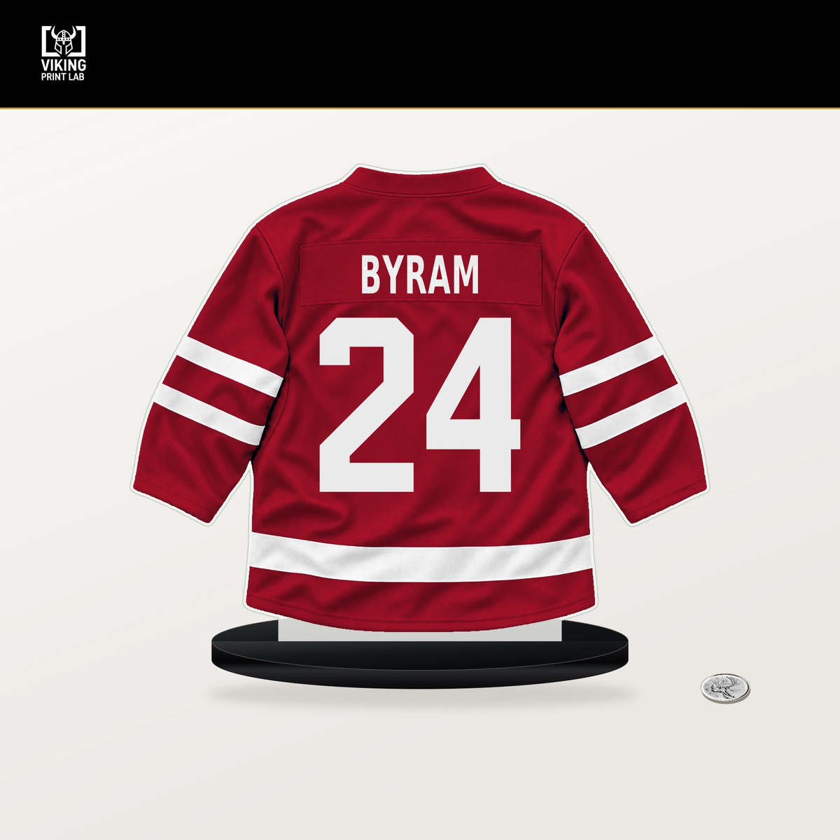 Bowen Byram number 24 Chicago Blackhawks jersey stand with included black base.