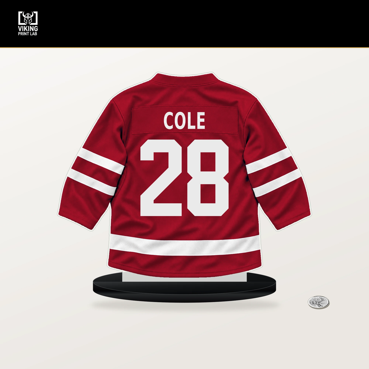 Ian Cole number 28 Chicago Blackhawks jersey stand with included black base.