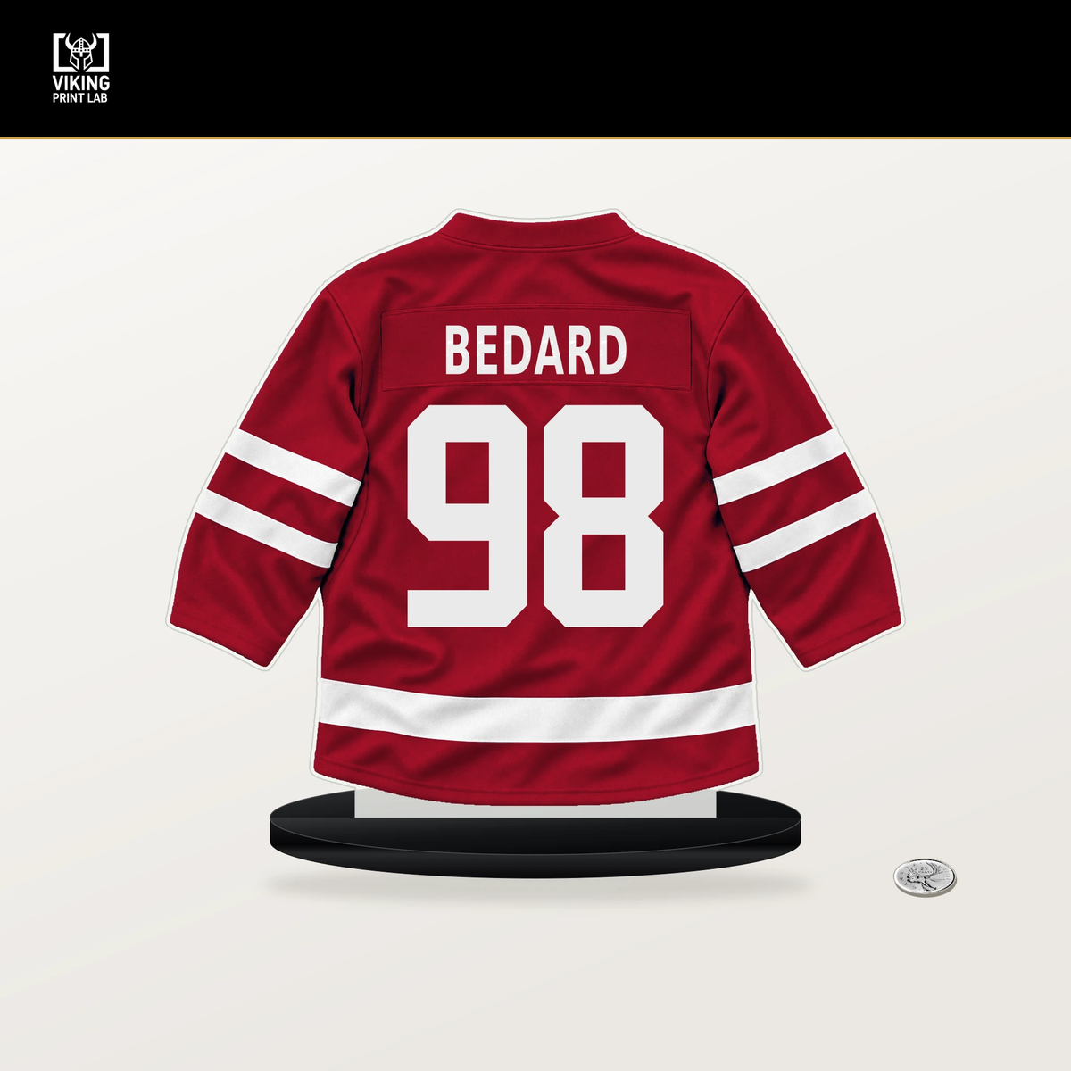 Connor Bedard number 98 Chicago Blackhawks jersey stand with included black base.