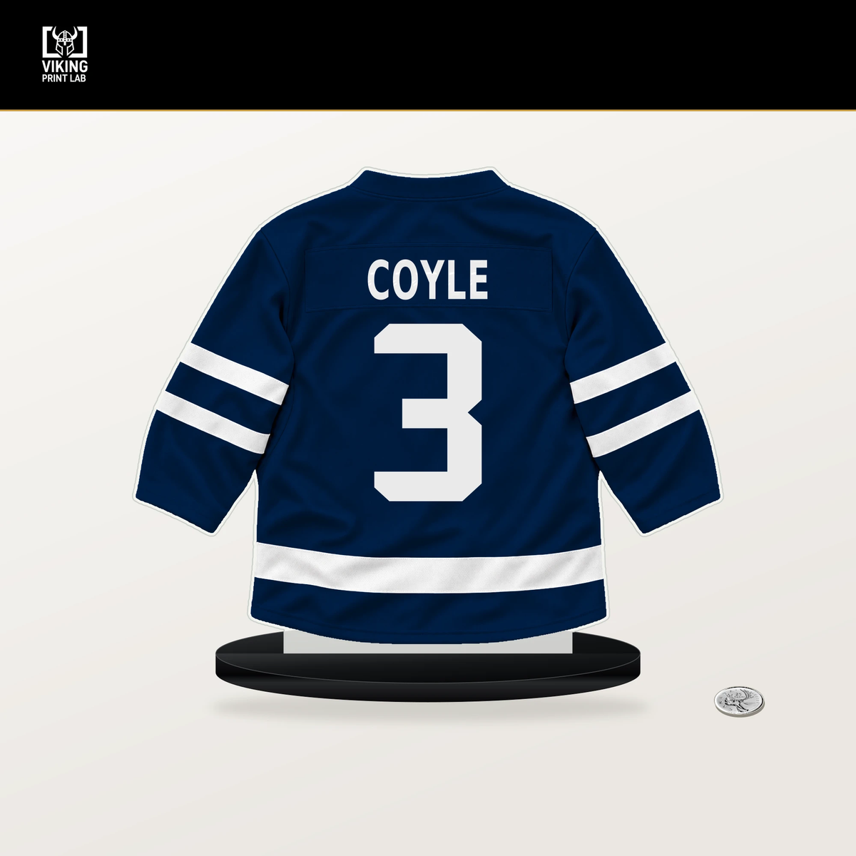 Charlie Coyle number 3 Columbus Blue Jackets jersey stand with included black base.