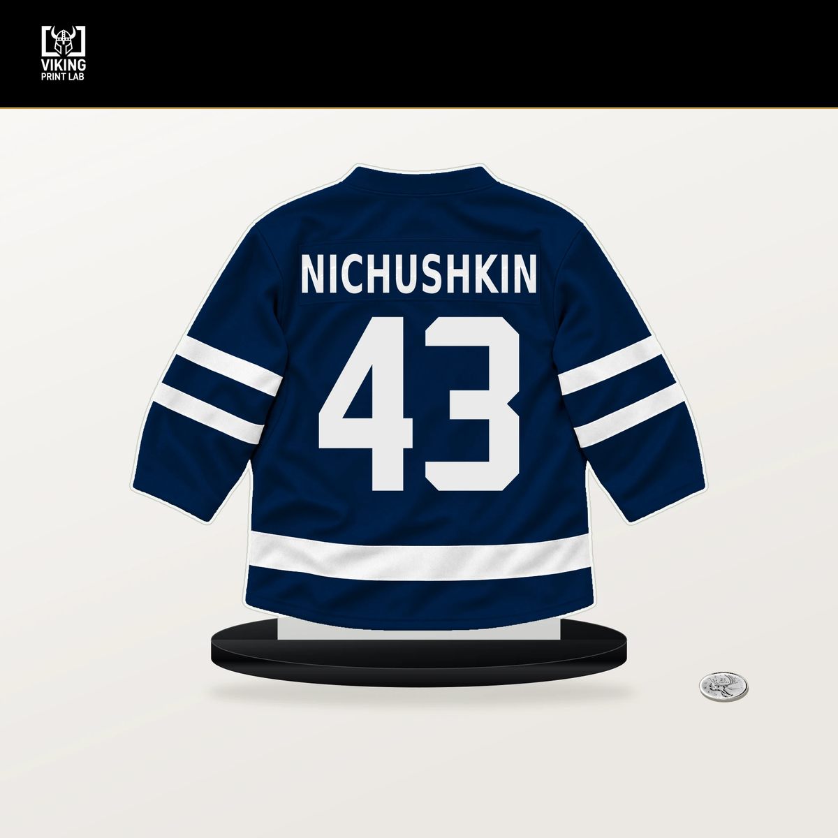 Valeri Nichushkin number 43 Columbus Blue Jackets jersey stand with included black base.