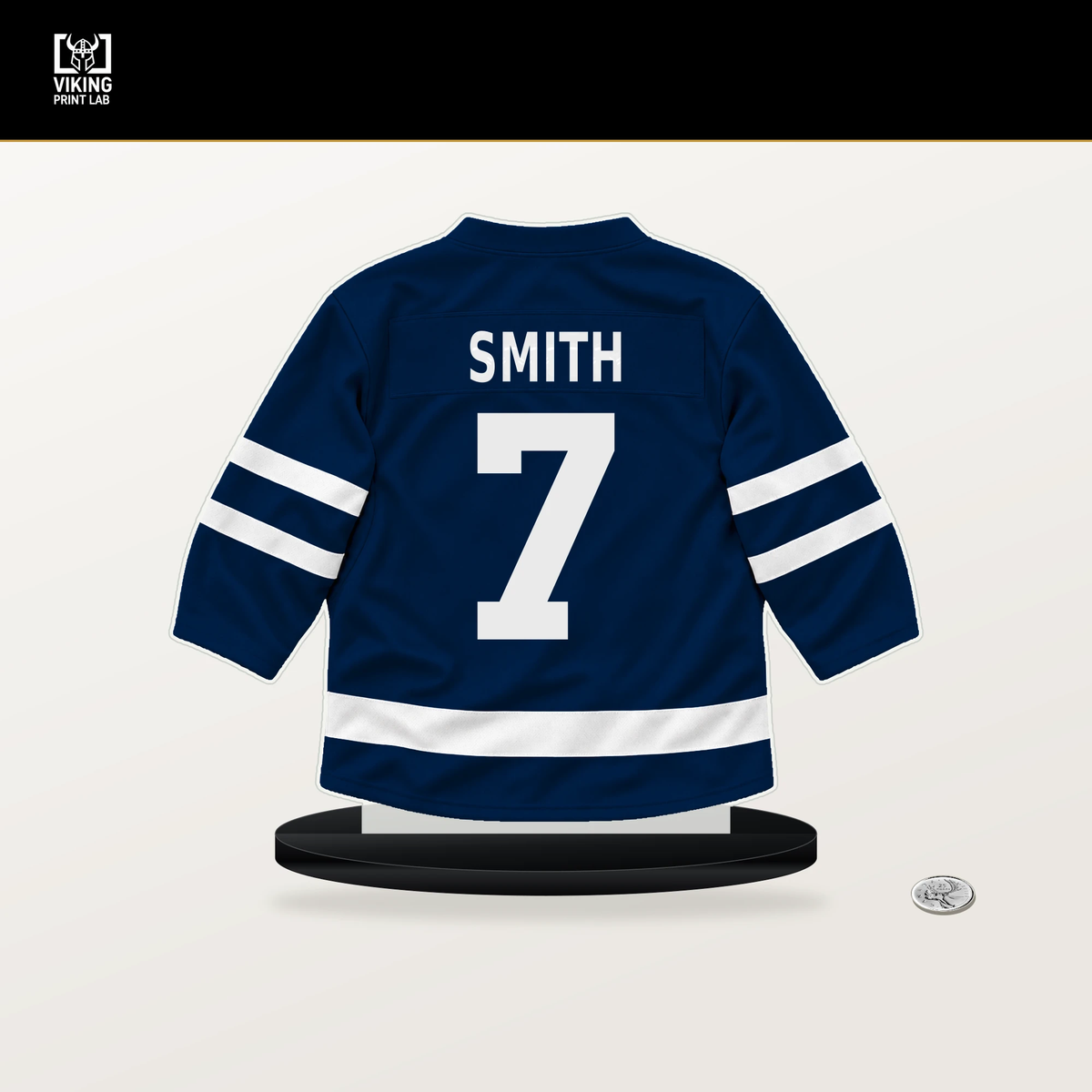 Brendan Smith number 7 Columbus Blue Jackets jersey stand with included black base.