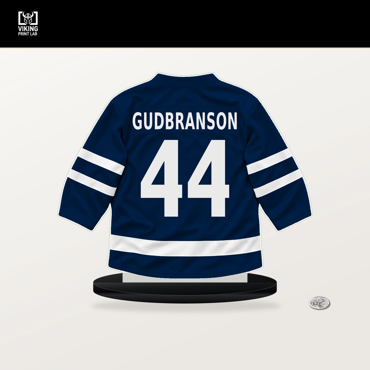 Erik Gudbranson number 44 Columbus Blue Jackets jersey stand with included black base.