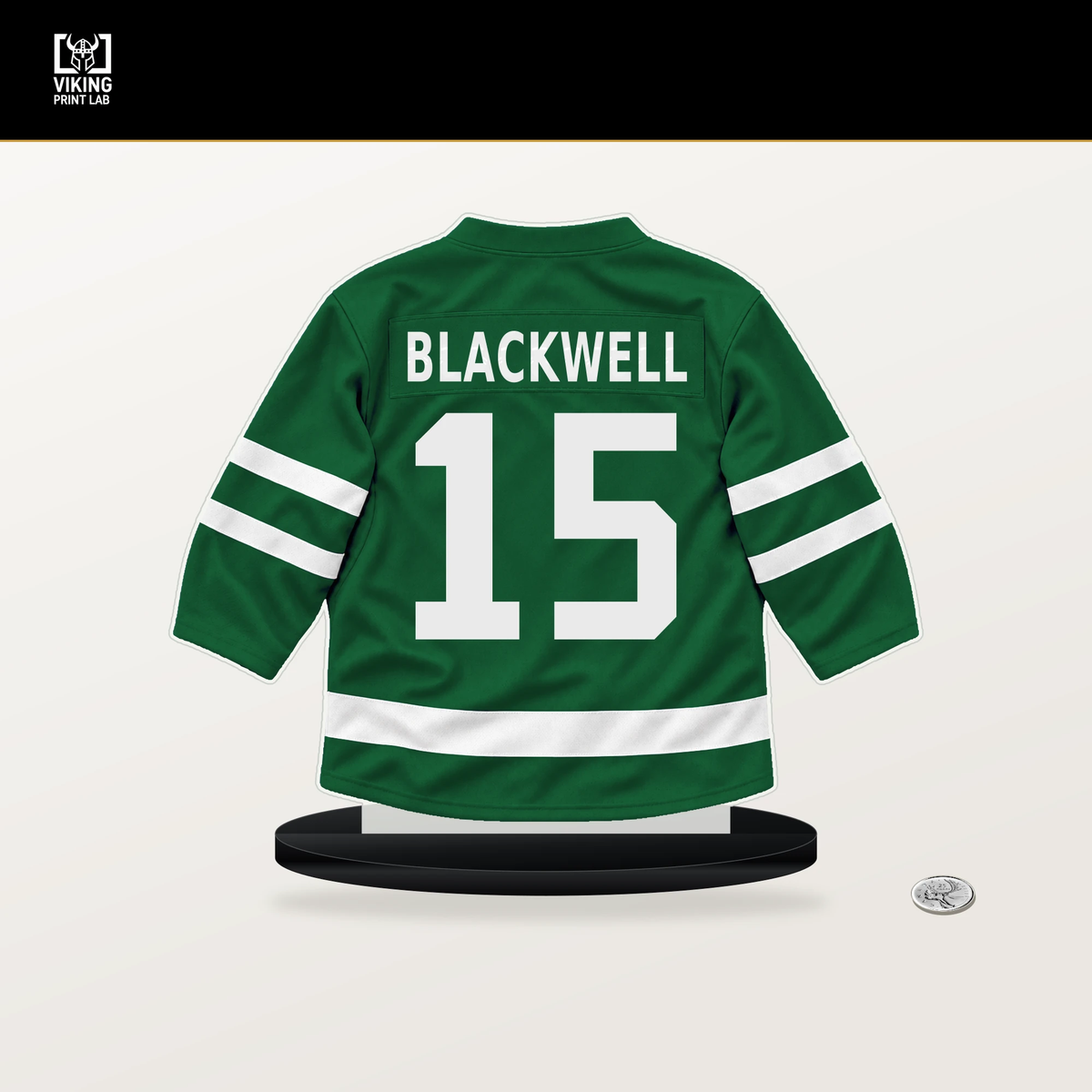 Colin Blackwell number 15 Dallas Stars jersey stand with included black base.