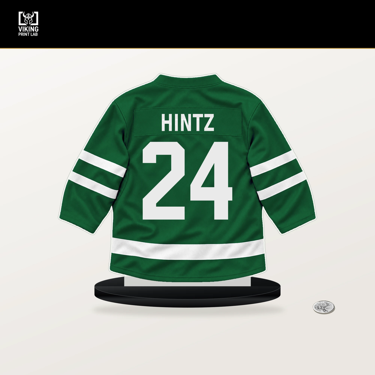 Roope Hintz number 24 Dallas Stars jersey stand with included black base.