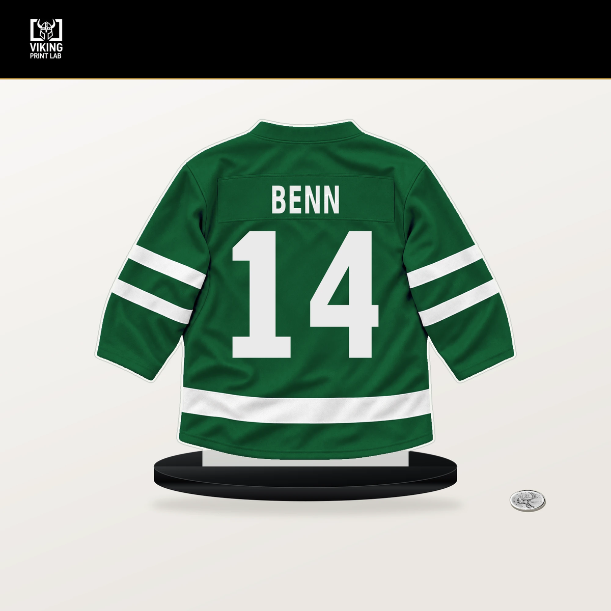 Jamie Benn number 14 Dallas Stars jersey stand with included black base.