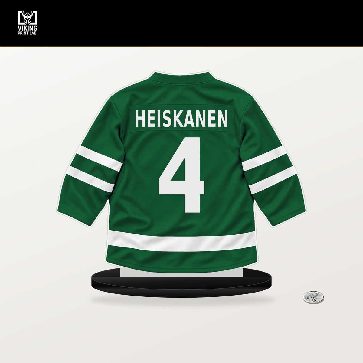 Miro Heiskanen number 4 Dallas Stars jersey stand with included black base.