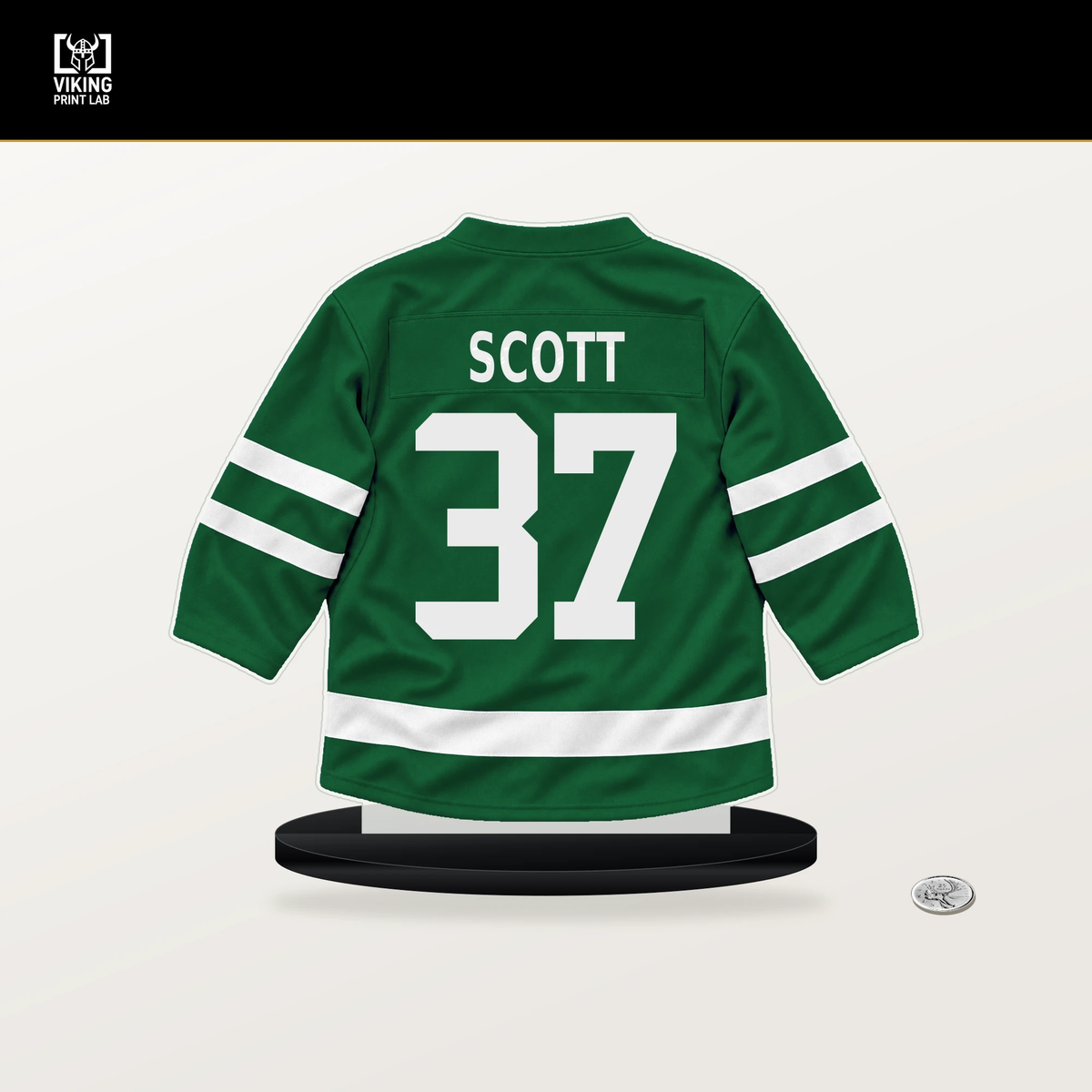 Harrison Scott number 37 Dallas Stars jersey stand with included black base.