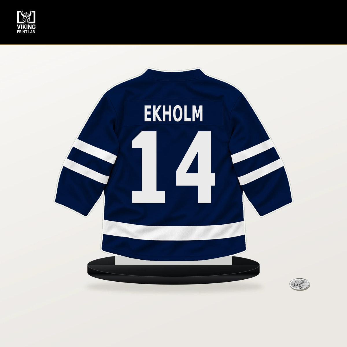 Mattias Ekholm number 14 Edmonton Oilers jersey stand with included black base.