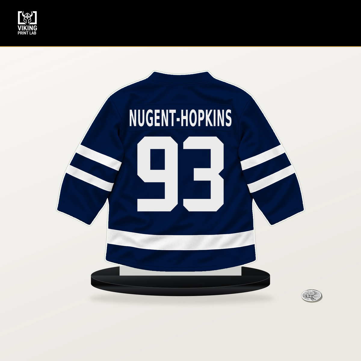 Ryan Nugent-Hopkins number 93 Edmonton Oilers jersey stand with included black base.